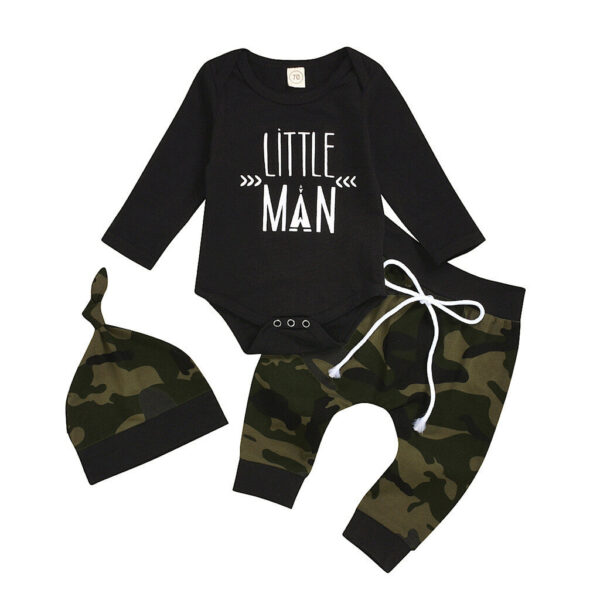 Little Man 3-Piece Set Long Sleeve Shirt Army Pants And Beanie